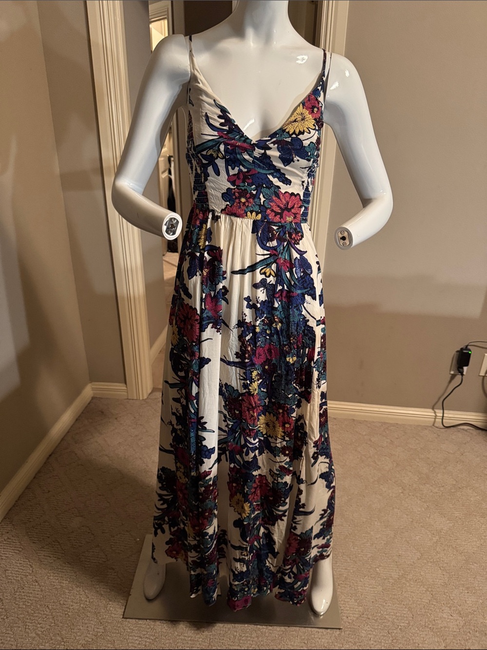 Free People Cream Maxi Dress with Blue, Green & Maroon Floral Print, Sz Small